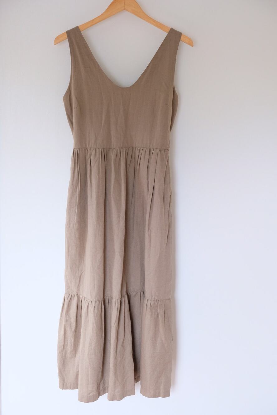 Pact Organic Cotton Linen Tiered Sundress Womens M Taupe V-Back Cottagecore